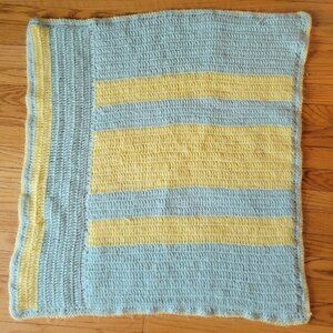 Handmade Crochet Baby Blanket In Pastel Blue & Yellow Stripes